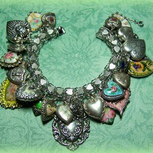 Sterling Silver Vintage Puffy Heart Bracelet 26 Charms